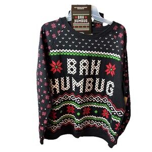 Christmas Woman’s (Jrs) Ugly Sweater Size XL (15-17) Bah Humbug Black W/Beanie